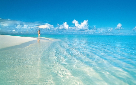 Walking along the Beach - woman walking, nature, tropical, blue, beaches