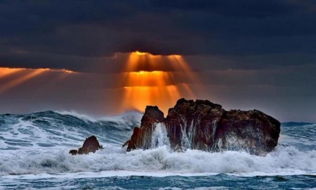 Stairway to Heaven - Ocean, Rocks, Rays, Angry, Sun, Rough, Sky, Glow, Sea