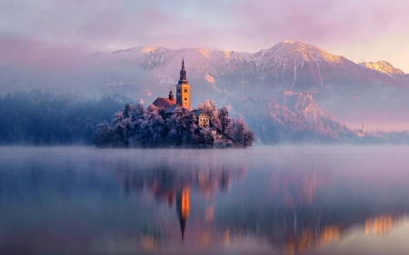 Island Castle - island, mountains, reflection, castle