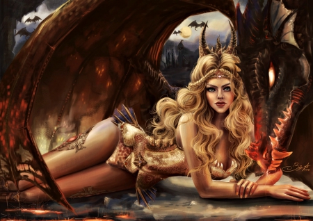 Dragon girl - fantasy, benjavun, blonde, dragon, girl, woman