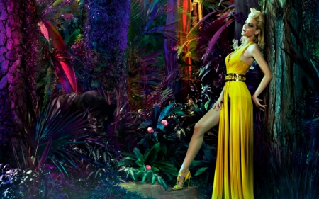 Jessica Stam - woman, stilettos, girl, jessica stam, fashion, model, purple, yellow, pink, dress, flower