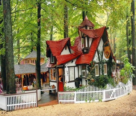 Forest House - path, trees, funny, artwork, fence, cottage