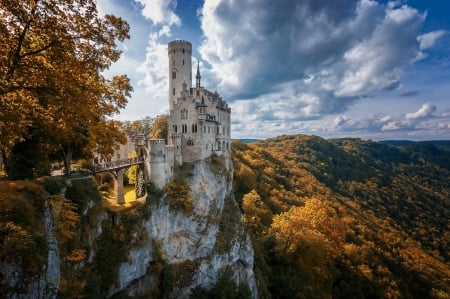 Castle Liechtenstein, Germany - autumn, building, trees, forest, mountains, rocks