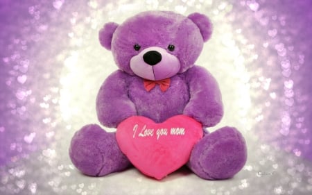 Happy Mother's Day! - purple, pink, mother, love, by cehenot, toy, card, word, teddy, heart, bokeh, day