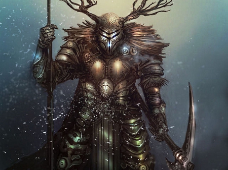 Druid-warrior - antlers, helmet, staff, weapons