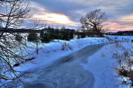 Frozen River - clouds, ice, trees, landscape, snow, sky