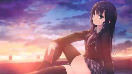 school girl - pretty, uniform, anime, sunset, girl, school