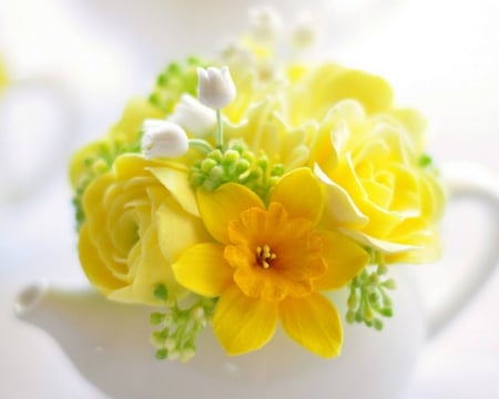 Flowers in a Cup - flowers, tea pot, yellow, petals