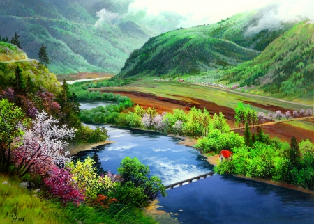 Spring valley - greenery, pretty, blossoms, hills, spring, freshness, valley, blooming, mountain, tree, river, painting, art