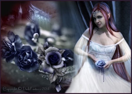 BLUE ROSES FOR MARY {blueroses} - white, elf, female, roses, blue, flowers, dress