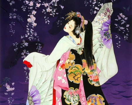 Sagi No Mai - geisha, beautiful, digital art, weird things people wear, colors, kimono, lovely, petals, flowers, japan, lady, woman, dancing, love four seasons, asian, japanese