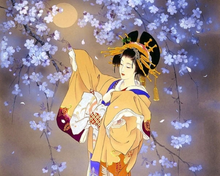 Y o i - women, lady, japanese, asian, lovely, moons, geisha, love four seasons, japan, digital art, weird things people wear, beautiful, colors, kimono, flowers