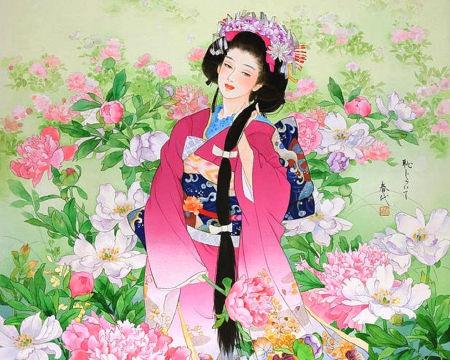 Syunsyo - geisha, spring, flowers, japan, garden, beautiful, digital art, weird things people wear, colors, kimono, lovely, peonies, lady, woman, love four seasons, asian, japanese