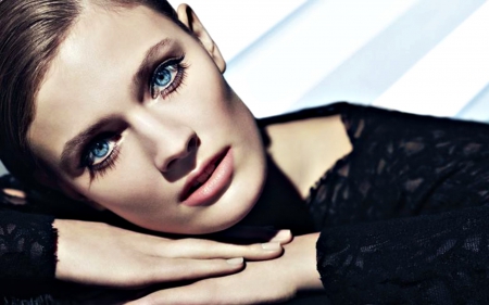 Constance Jablonski - white, woman, face, blue eyes, constance jablonski, black, model