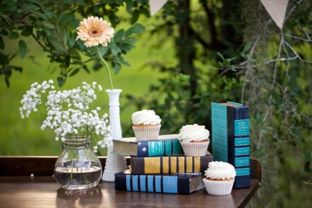 •✿• - wood, table, books, still life, vases, flowers, vintage, garden, cupcakes