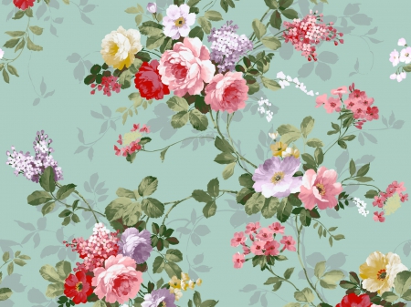 Vintage wall - blue, flower, pink, retro, vintage, red, green, rose, texture