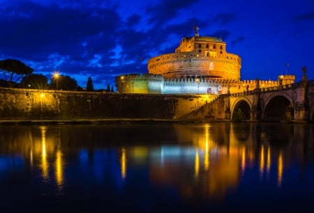 Castel Sant Angelo, Rome - reflections, building, italy, river, bridge, lights