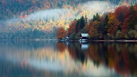 Forest Lake - lake, autumn, reflection, forest, cabin