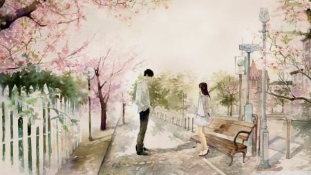 first date - woman, fence, man, bench, tree