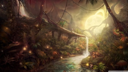 fantastic jungle - stream, tree, waterfall, jungle