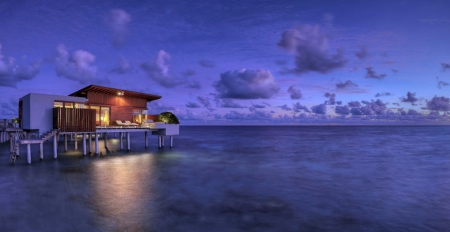 Maldives Islands Evening - tropical, vacations, travel, dive, evening, beautiful, islands, bungalow, clouds, sea, paradise