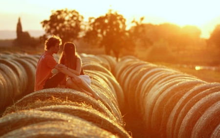 R o m a n c e - woman, people, purple, lovers, feelings, man, sunsets, romance, love, couple, haystack, girl, warmth, nature, love four seasons, weird things people wear, boy, beloved valentines