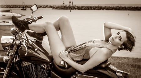 * - sepia, motorcycle, woman, model