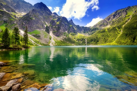 Mountain lake - hills, beautiful, landscape, reflection, mountain, nature, green, cliffs, waters, lake, emerald, sky