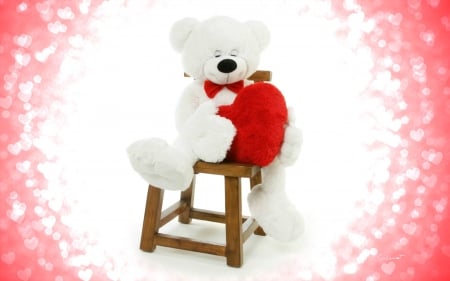 Happy Valentine's Day! - bokeh, heart, by cehenot, pink, toy, sweet, chair, bear, white, red, valentine, teddy, cute