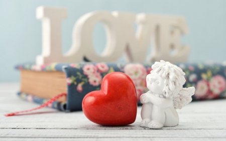 Love - love, figurine, angel, heart, valentine, book, white, cupid, flower