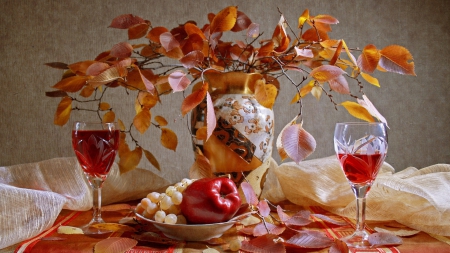 Still Life - vase, wine, glasses, autumn, fruits, apple, bouquet, still life