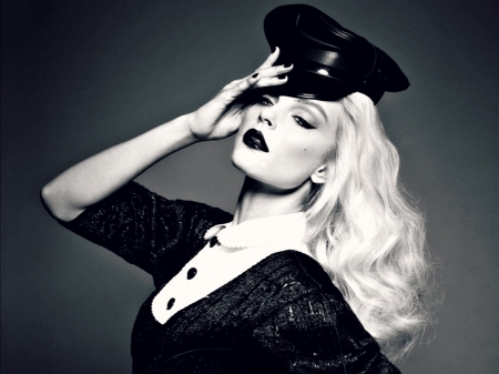 Jessica Stam - woman, girl, hat, jessica stam, black, model, white, blue, blonde