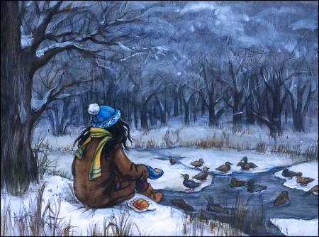 ✽Care and love✽ - paint, winter, pond, snow, girl, landscape, forest, frozen, ducks, art