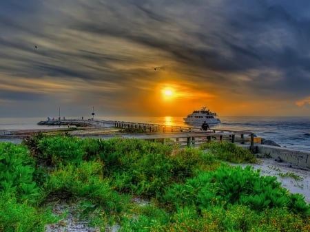 Splendid sunset - cloud, sand, sky, beaches, ship, sunset, sea