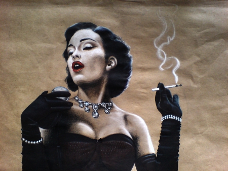 Singer - black, cigarette, brunette, girl, art, retro, vintage, smoke, singer, gloves, painting, woman