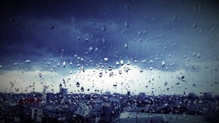 Rain - window, blue, drops, rain