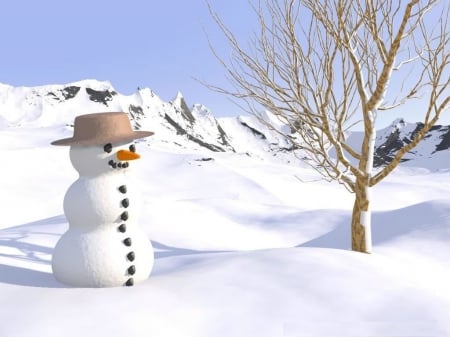 Snowman - snow, hat, tree, artwork