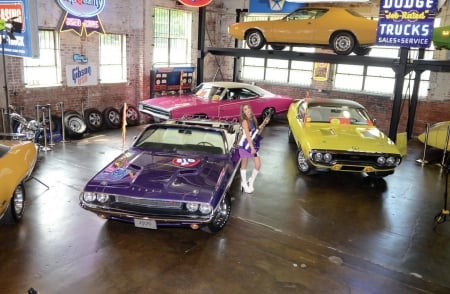 Garage-Full-Of-Mopars - neon, pink, model, yellow, cars, tires