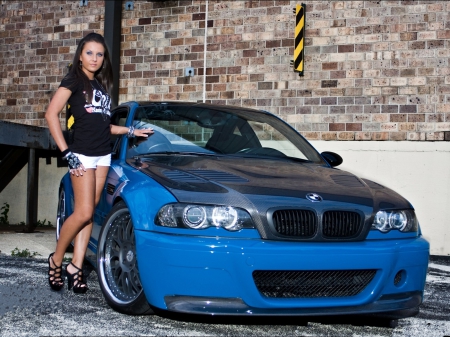 Blue Beamer - heels, brunette, bmw, model