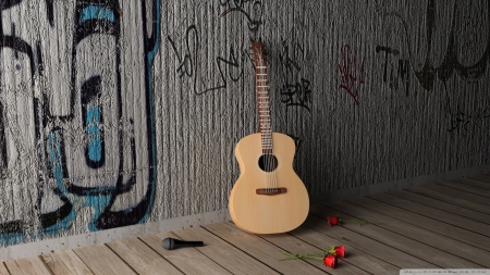 guitar - microphone, wall, guitar, rose