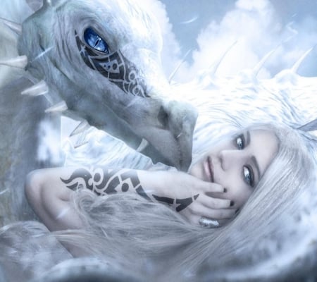 Dragon Girl - tattoo, woman, art, blue eyes, beautiful, dragon, digital, fantasy