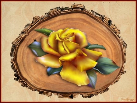 YELLOW ROSE ON WOOD BLOCK - yellow, rose, wood, block