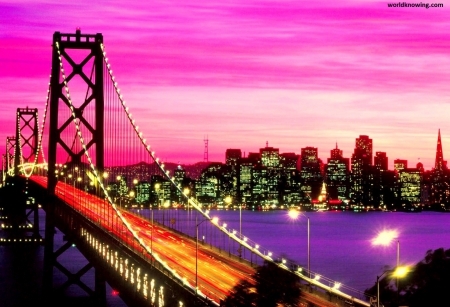 Golden Gate Bridge at Sunset - bridges, sunset, purple, purple sky, landscape, city, golden gate bridge, architecture