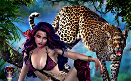 Wild soul - cobra, EstherPuche-Art, leopard, snake, blue, girl, wild soul, pink, fantasy, animal, digital, woman