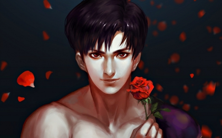 Mamoru - red, portrait, rose, black, mamoru, anime, manga, petals, valentine, pixiv, sailor moon, tuxedo mask, guy, boy, man