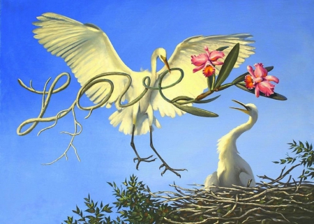 Love of White Egrets - sky, animals, pretty, paintings, cute, birds, cattleya, love, couple, lovely, egrets, white egrets, flying, love four seasons, colors, beloved valentines, flowers