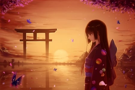 kimono girl - pretty, anime, beautiful, butterflys, girl, kimono, flowers, sunset, butterfly, Enma Ai, lake