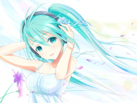 Hatsune miku - pretty, dress, petals, flowers, headphones, white, miku, face, hatsune