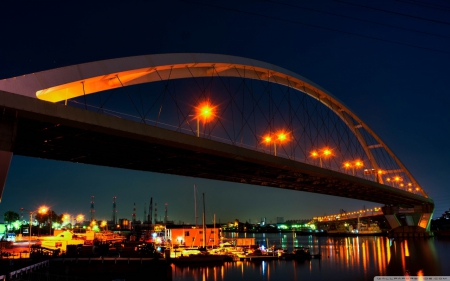 Shinhamadera Bridge - japan, lantern, night, scenery, japanese, sea, bridge