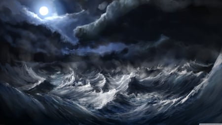 stormy sea painting - cloud, moon, ocean, wave